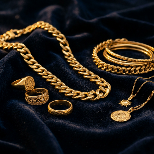 Gioielli in oro su velluto blu